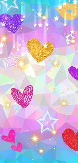 Colorful hearts and stars on a geometric mobile wallpaper.