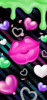 Colorful hearts and lips with neon stripes on black background wallpaper.