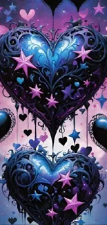 Elegant purple and blue heart design wallpaper featuring star accents.