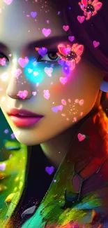 Colorful digital art wallpaper with glowing hearts and a woman's face.