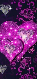 Vibrant wallpaper with glowing pink hearts and floral designs.