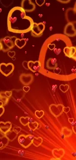 Mobile wallpaper with glowing red hearts on a warm red background.