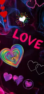 Mobile wallpaper with colorful hearts and 'love' text on dark background.