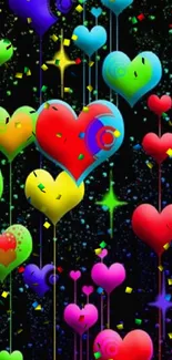 Colorful glowing hearts and stars wallpaper with a dark background.