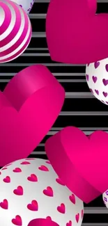 Mobile wallpaper with 3D pink hearts and striped patterns.