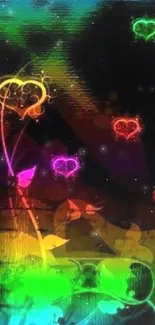 Colorful neon hearts with a black background.