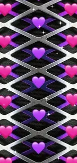 Colorful pattern of pink and purple hearts with metallic accents.