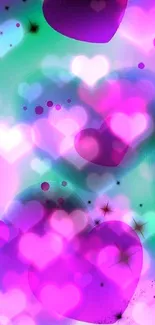 Colorful mobile wallpaper with abstract purple hearts.