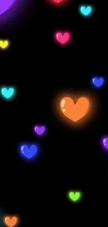 Vibrant colorful hearts design on a black background for mobile wallpaper.