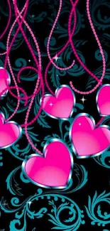 Vibrant wallpaper with pink hearts and teal floral background.