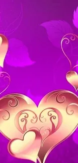 Purple and pink wallpaper with ornate heart design.