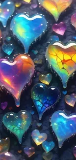 Iridescent colorful hearts on galaxy background.