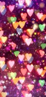 Vibrant hearts and colorful bokeh mobile wallpaper.