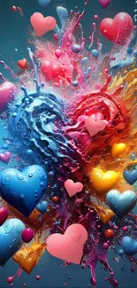 Colorful heart splash mobile wallpaper with vibrant hues.