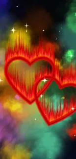 Fiery red hearts on colorful smoky background with stars.