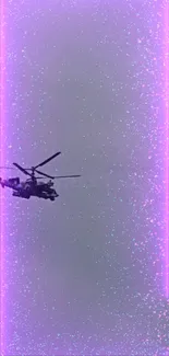 Silhouette of a helicopter set against vibrant neon lights on mobile wallpaper.