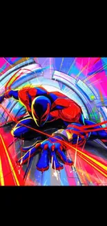 Colorful abstract superhero art with vibrant pink and dynamic lines.