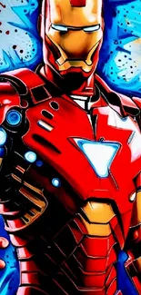 Vibrant superhero artwork with red armor and blue accents.