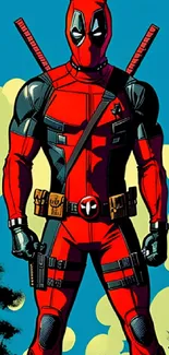 Comic-style hero in red costume set against blue and yellow background.