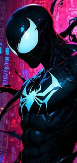 Comic hero in black suit against vibrant neon cityscape.