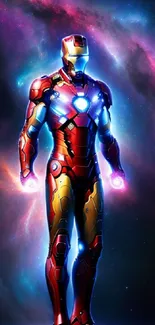 A vibrant hero in armor against a cosmic galaxy backdrop.