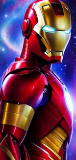 Red and gold hero in vibrant galaxy background.