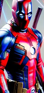 Vibrant superhero with red and blue suit, standing heroically.