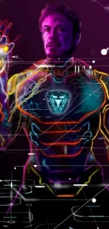 Colorful neon superhero with glowing armor art.