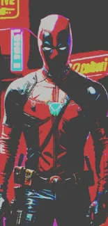 Superhero in neon-lit city street with vibrant colors.