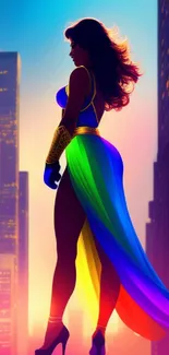 Vibrant superhero silhouette in sunset cityscape with flowing rainbow cape.