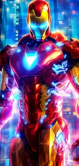 Dynamic hero in vibrant tech armor with neon highlights.