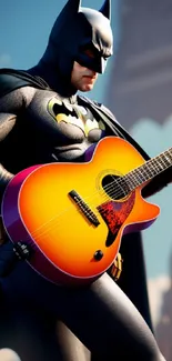 Animated hero with guitar in cityscape wallpaper.