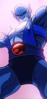 Dynamic blue anime character with a glowing pink backdrop.