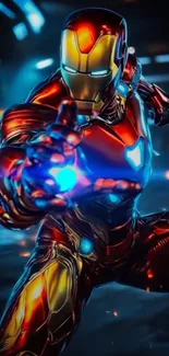 Futuristic superhero in vibrant armor suit