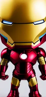 Cartoon hero with red and gold armor stands tall.