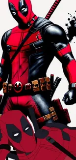 Comic hero in red and black costume with dynamic pose.