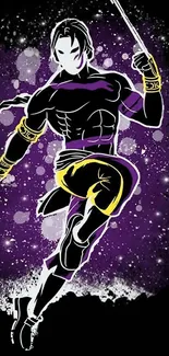 Stylized superhero on purple background in dynamic pose.