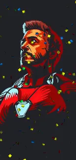 Vibrant superhero art with colorful confetti on a dark background.