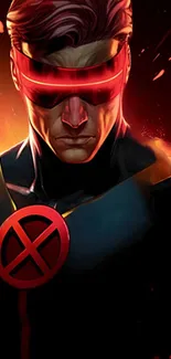 Heroic character with glowing visor in red and black tones on phone wallpaper.