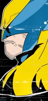 Heroic character in yellow and blue with a dynamic black background.