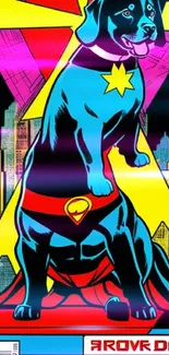 Vibrant superhero dog with colorful city backdrop on wallpaper.