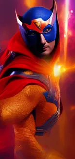 Vibrant superhero character in red-orange cape and blue helmet posing heroically.