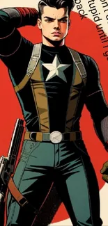 Comic-style heroic figure with bold star design on phone wallpaper.