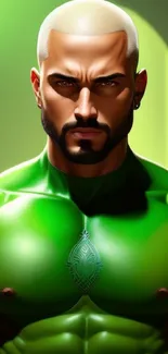 Dynamic and vibrant hero in green attire, muscular and bold portrait.