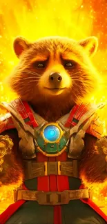 Heroic raccoon in golden armor with a radiant background, perfect for mobile screens.