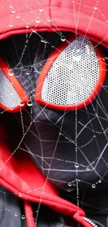 Close-up of masked figure in red hood with web details.