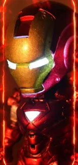 A colorful heroic toy figure with a glowing face on a dark backdrop.
