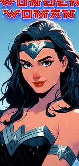 Wonder Woman in anime style art with sky blue background.