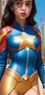 Superheroine in a vibrant city setting with blue and gold costume.