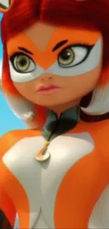 Vibrant cartoon heroine in orange suit.